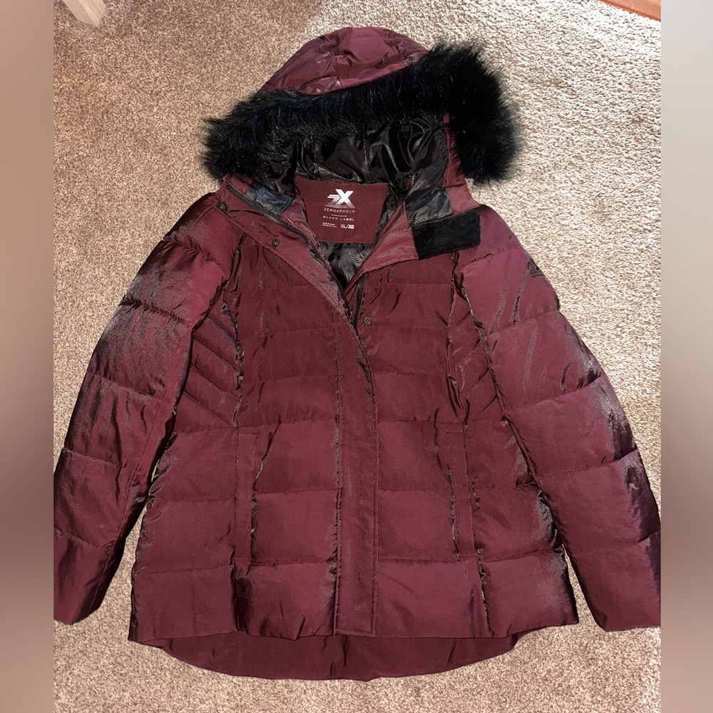 ZeroXposur Maroon Puffer Jacket with Faux Fur Trim